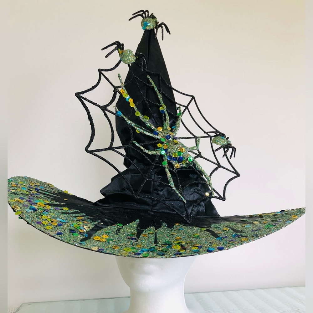 WITCH HAT Black satin green Sparkles crawling with spiders & Lg web 1 Of a kind - Picture 9 of 16